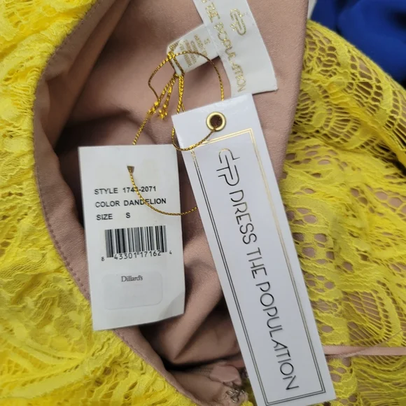 Dress The PopulationOne Shoulder Lace Sheath Yellow Dress Size: S